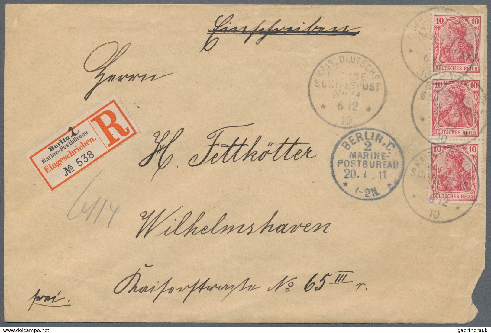 Deutsche Kolonien - Karolinen - Besonderheiten: 1910 (6.12.), Senkrechter Dreierstreifen 10 Pfg. Ger - Caroline Islands