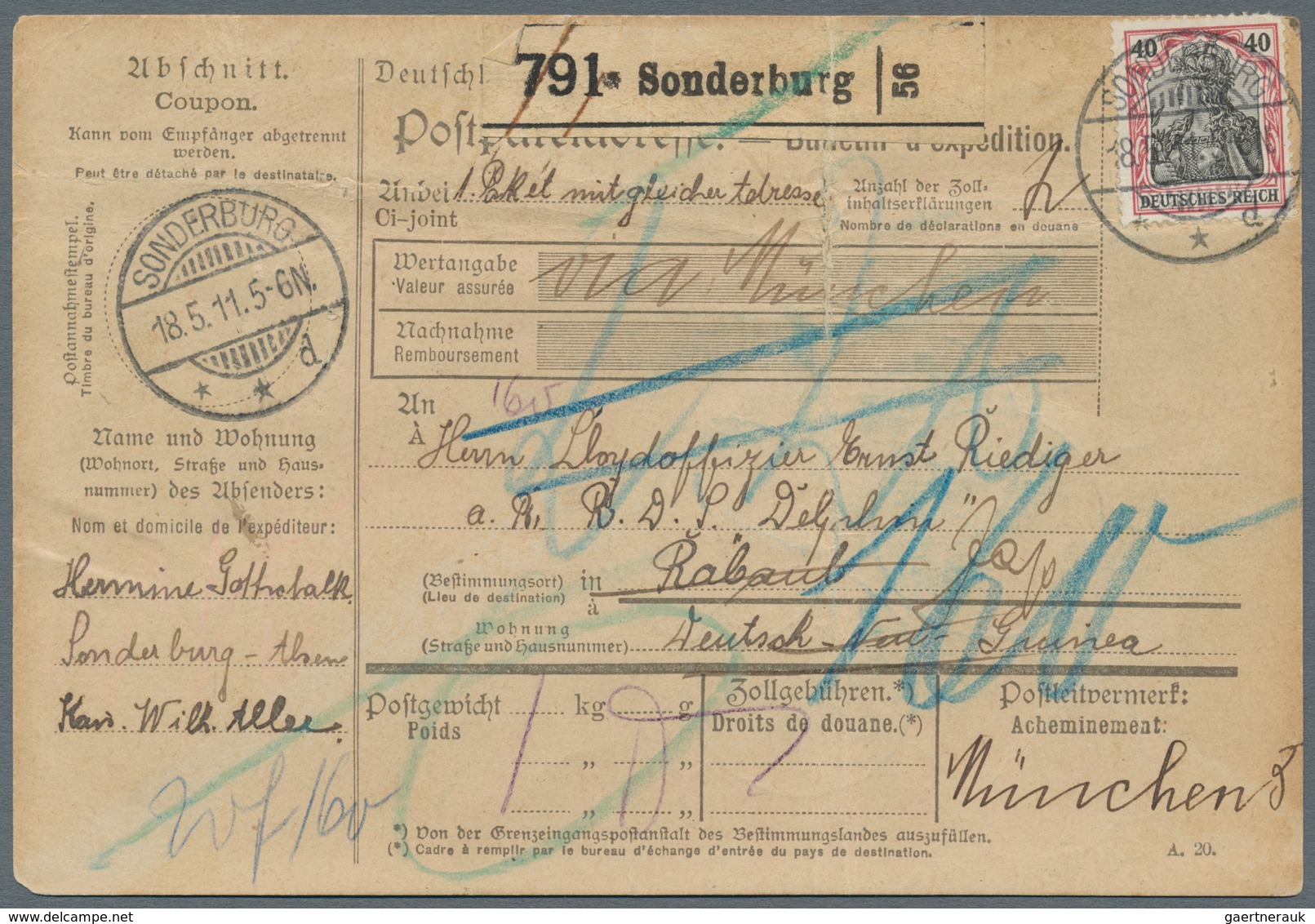 Deutsche Kolonien - Karolinen - Besonderheiten: Incoming Mail: 1911, Deutsches Reich 1 M. (2) Und 40 - Karolinen