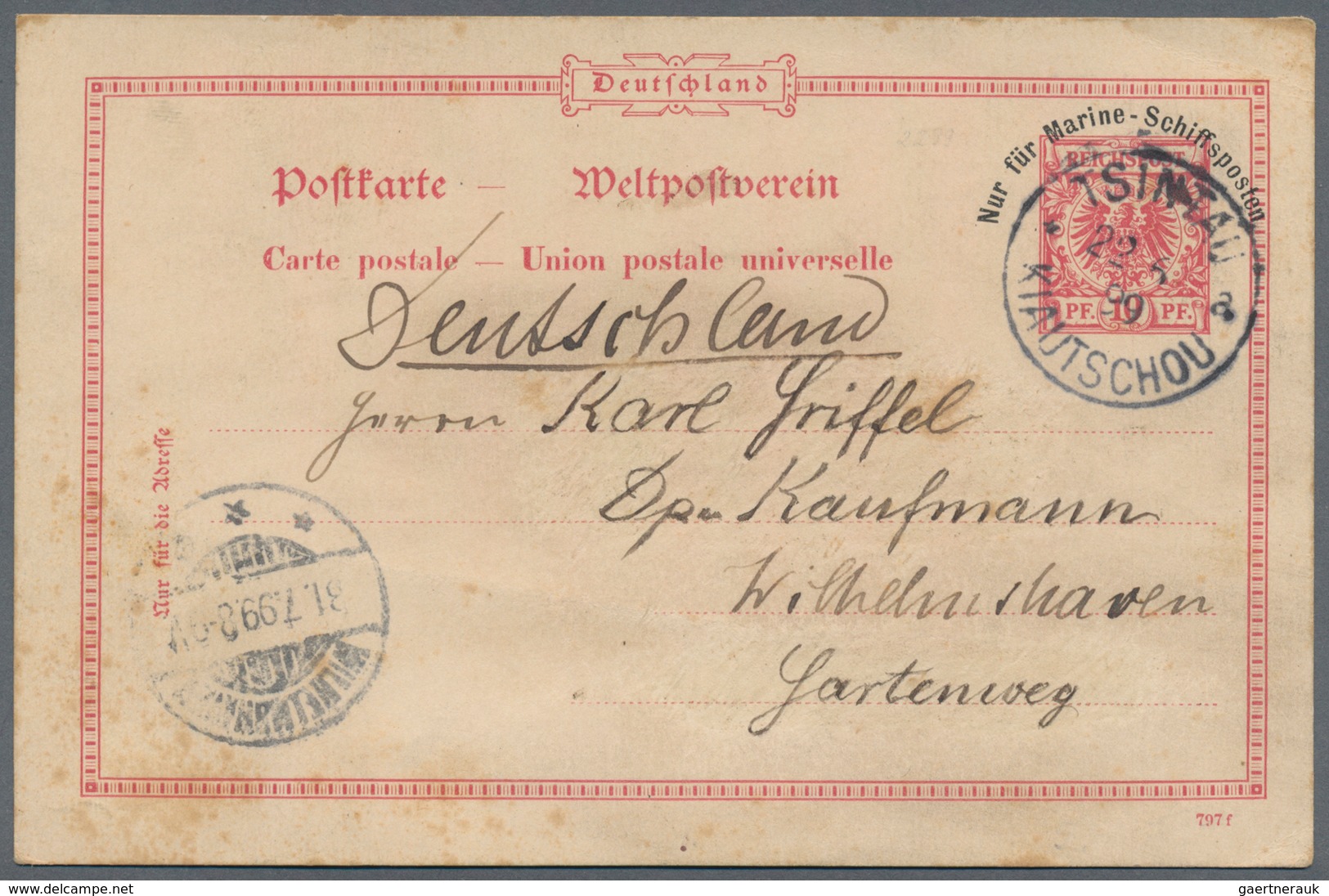 Deutsche Kolonien - Kiautschou-Vorläufer: 1899, 10 Pfg. Marineschiffspost-Ganzssachenkarte Bedarfsge - Kiautchou