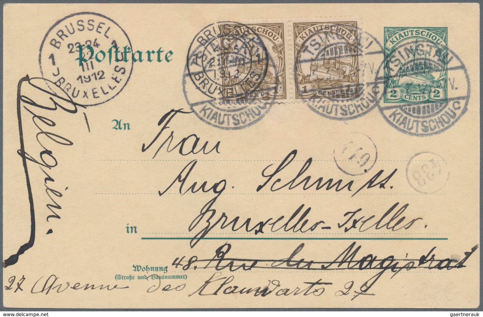 Deutsche Kolonien - Kiautschou - Besonderheiten: 1912 (5.3.), 2 X 1 Cent Auf 2 Cents GA-Kte. (kl. Sc - Kiaochow