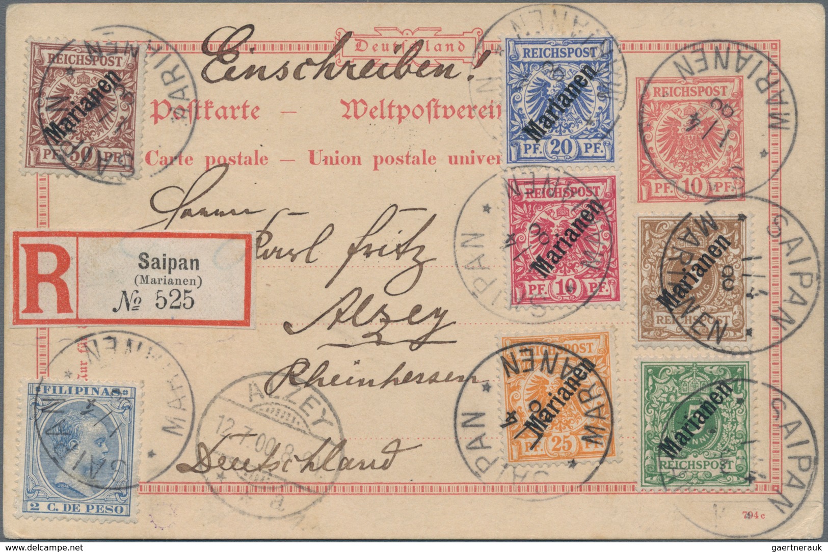 Deutsche Kolonien - Marianen - Mitläufer: 1900, GS MiNr.P25 10 Pfg. Karmin Mit Zusatzfrankatur Der K - Mariannes