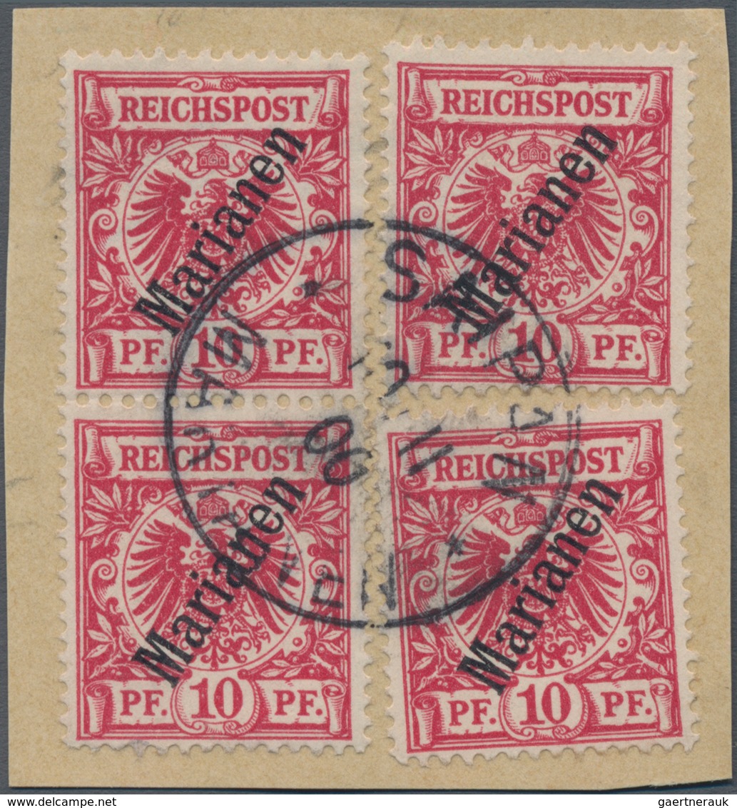 Deutsche Kolonien - Marianen: 1900, 10 Pfg. Krone/Adler Lilarot Mit Steilem Aufdruck Vier Marken Auf - Marianen