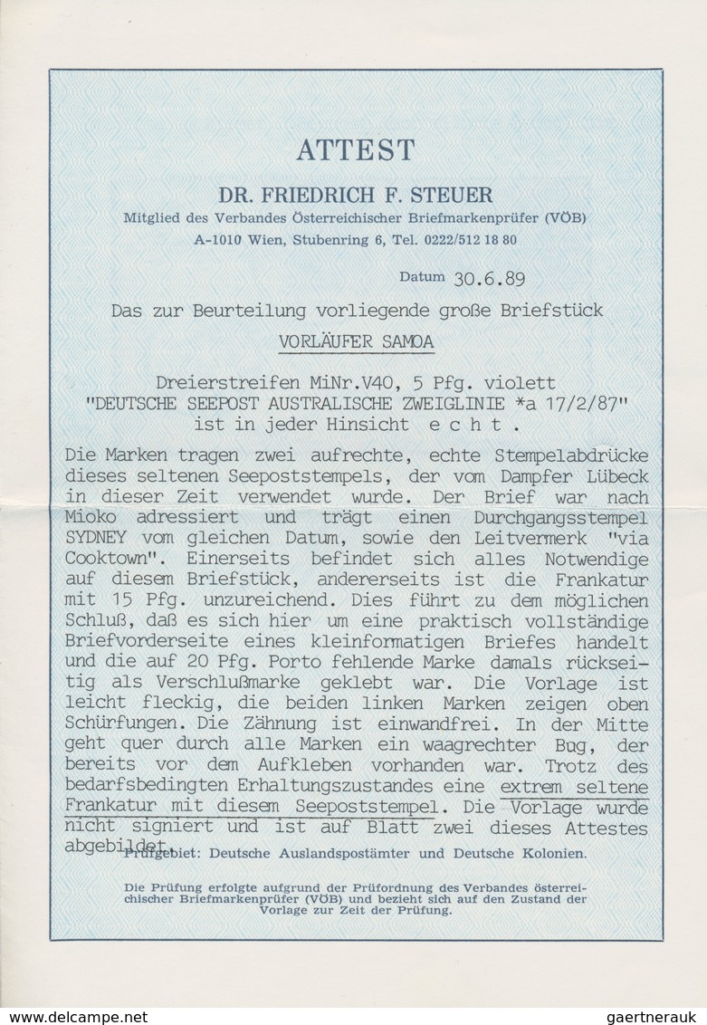 Deutsche Kolonien - Samoa - Vorläufer: 1887 (17.2.), Waagerechter Dreierstreifen 5 Pfg. Violettpurpu - Samoa