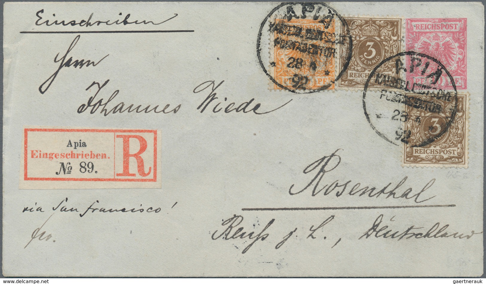 Deutsche Kolonien - Samoa - Vorläufer: 1892 (28.4.), 10 PFg. GA-Umschlag Krone/Adler Mit Zusatzfrank - Samoa