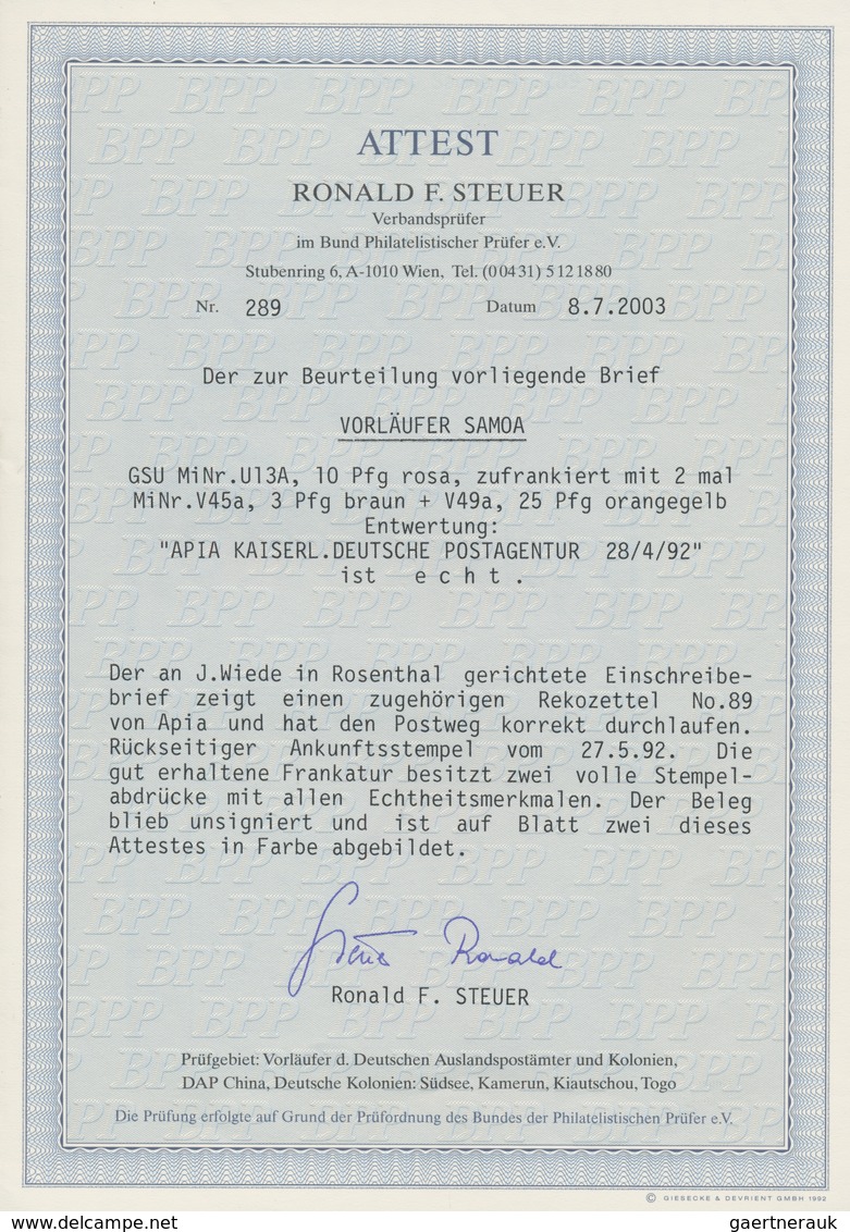 Deutsche Kolonien - Samoa - Vorläufer: 1892 (28.4.), 10 PFg. GA-Umschlag Krone/Adler Mit Zusatzfrank - Samoa