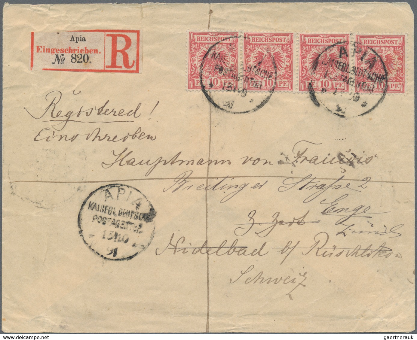 Deutsche Kolonien - Samoa - Vorläufer: 1891 (13.10.), Waagerechter Viererstreifen 10 Pfg. Krone/Adle - Samoa