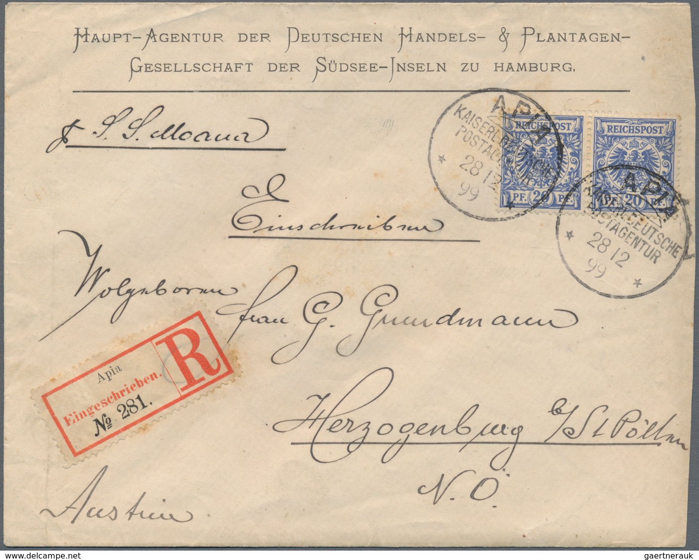 Deutsche Kolonien - Samoa - Vorläufer: 1899 (28.112.), Waagerechtes Paar 20 Pdfg. Krone/Adler Mit St - Samoa