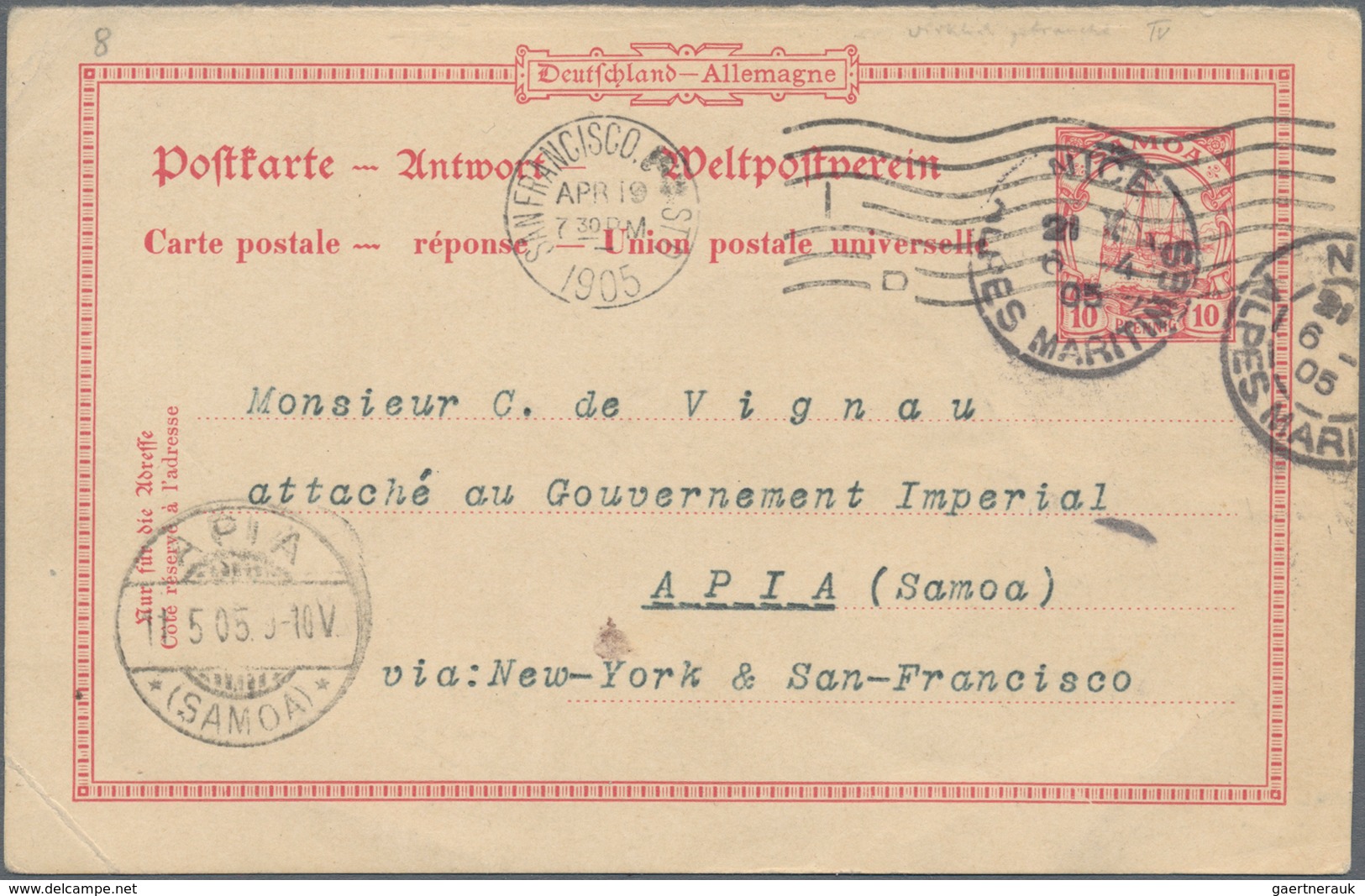 Deutsche Kolonien - Samoa - Ganzsachen: 1905 (6.4.), Antwortteil (mit Rückseitigem Bedarfstext) Der - Samoa