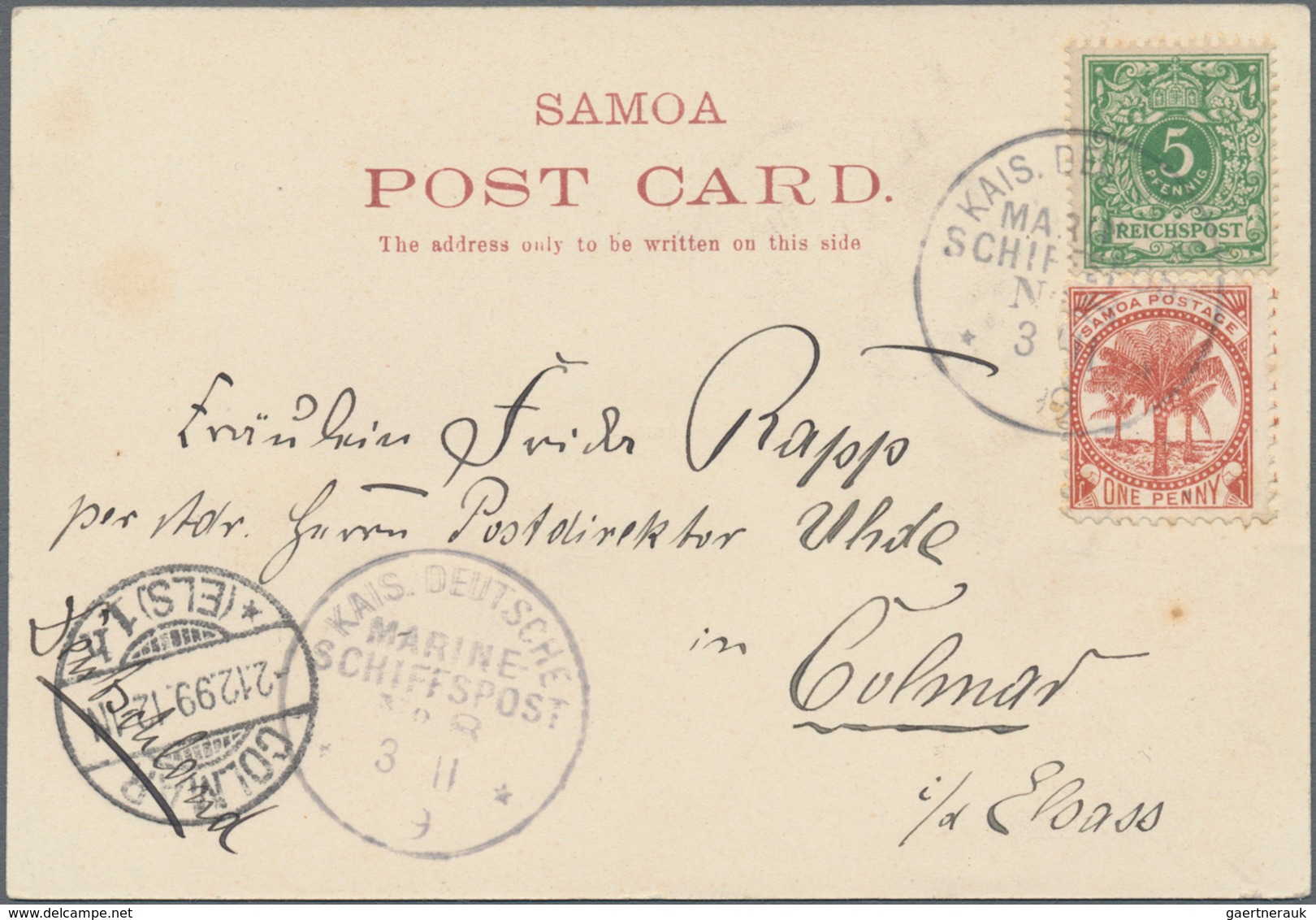 Deutsche Kolonien - Samoa - Besonderheiten: 1899 (3.11.), 5 Pfg. Krone/Adler + Beifrankatur Palm Tre - Samoa