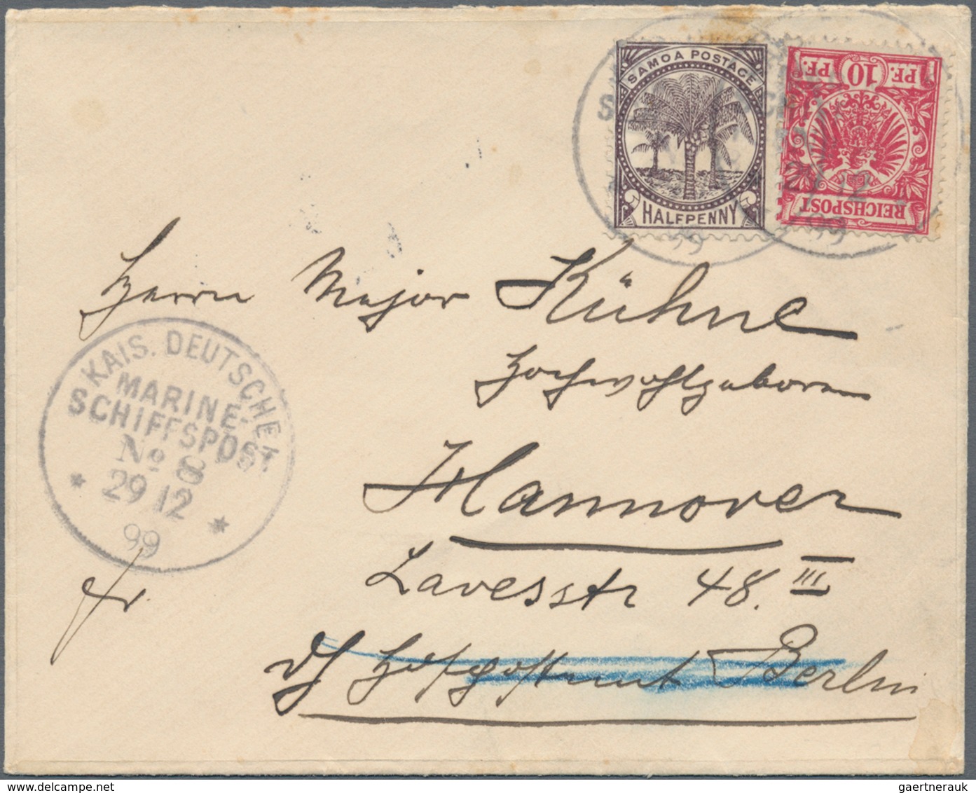 Deutsche Kolonien - Samoa - Besonderheiten: 1899 (29.12.), 10 Pfg. Krone/Adler + Beifrankatur Palm T - Samoa