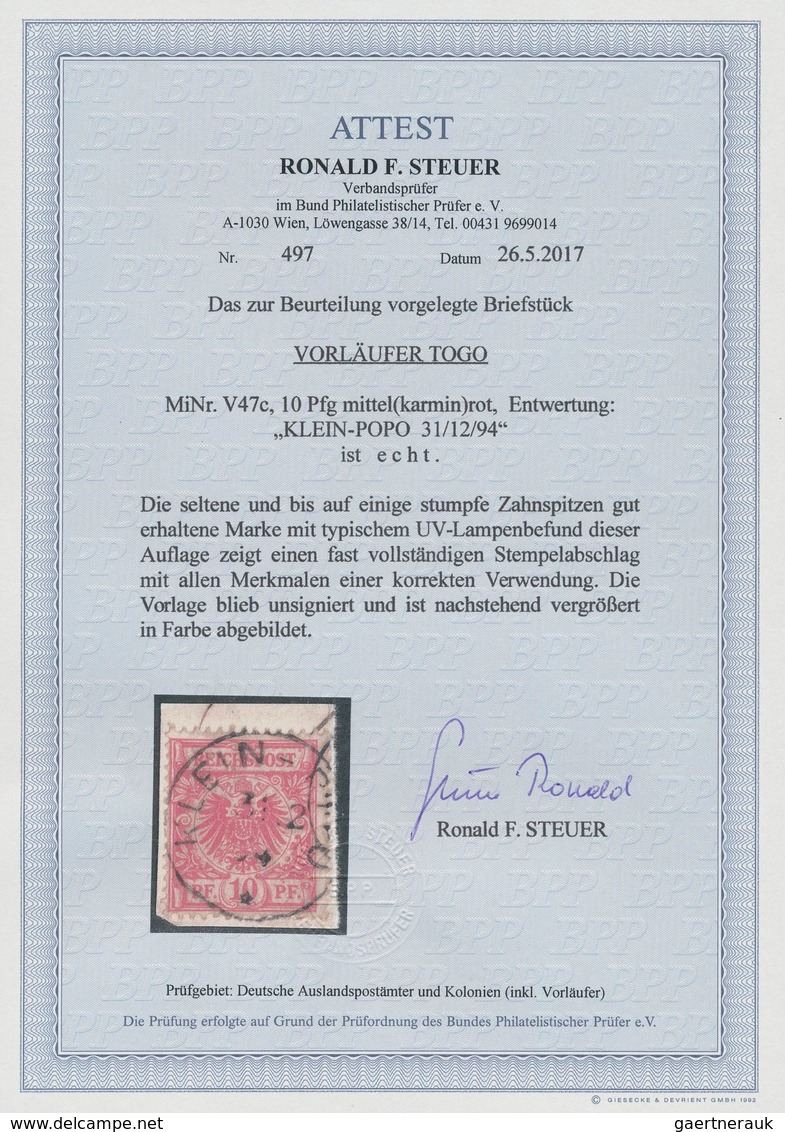 Deutsche Kolonien - Togo-Vorläufer: 1894, 10 Pf K/A Mittelkarminrot (UV Ocker) Auf Briefstück Mit K1 - Togo