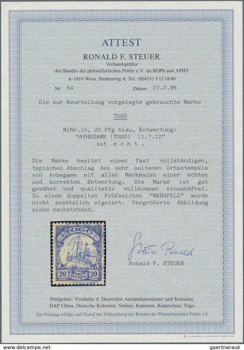 Deutsche Kolonien - Togo: 1900, 20 Pfg. Blau Kaiseryacht Mit Stempel "AVHEGAME (TOGO) 11.7.12". Die - Togo