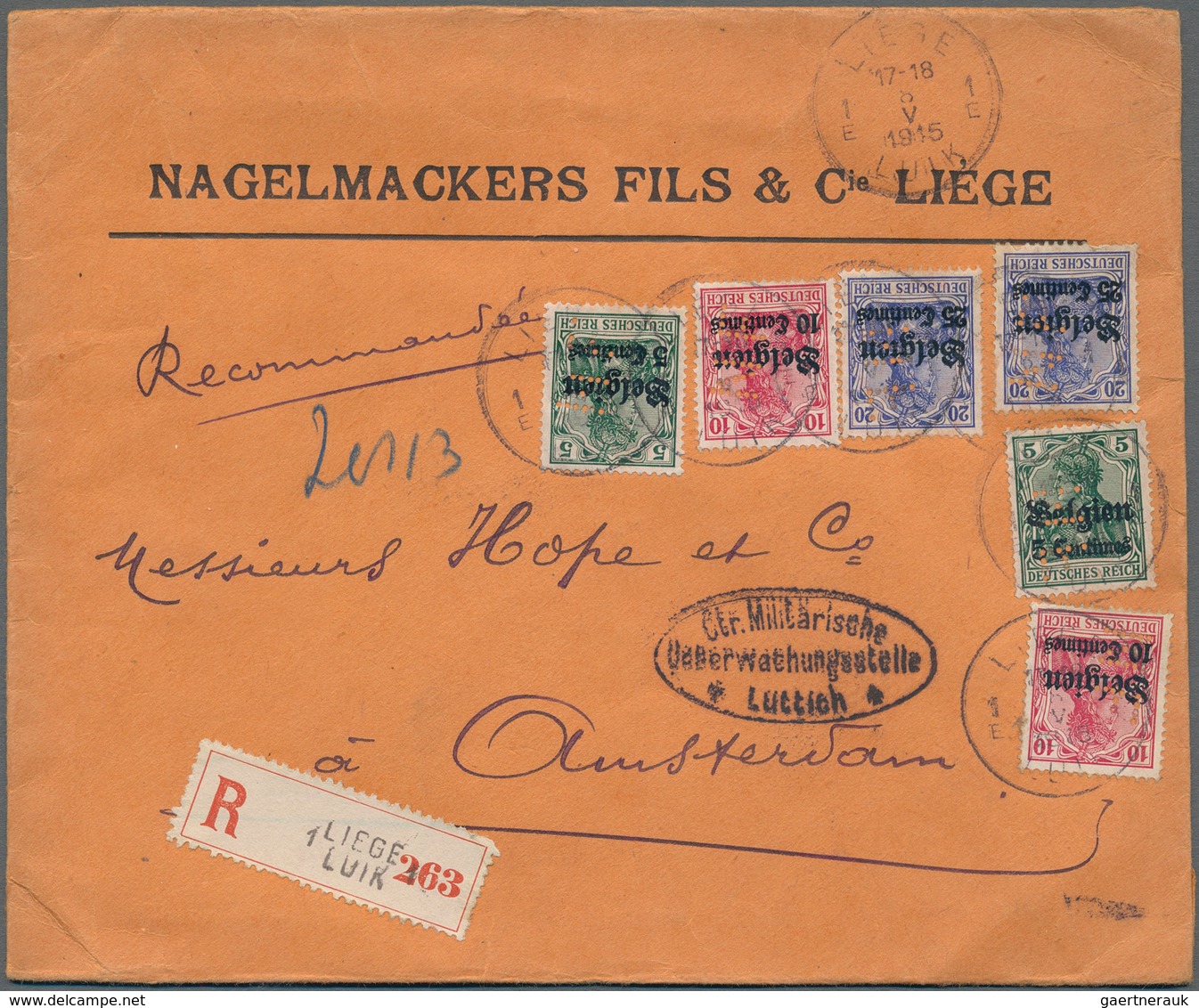 Deutsche Besetzung I. WK: Landespost In Belgien: 1915, 6 Germania-Aufdrucke Alle Mit Firmenlochungen - Bezetting 1914-18