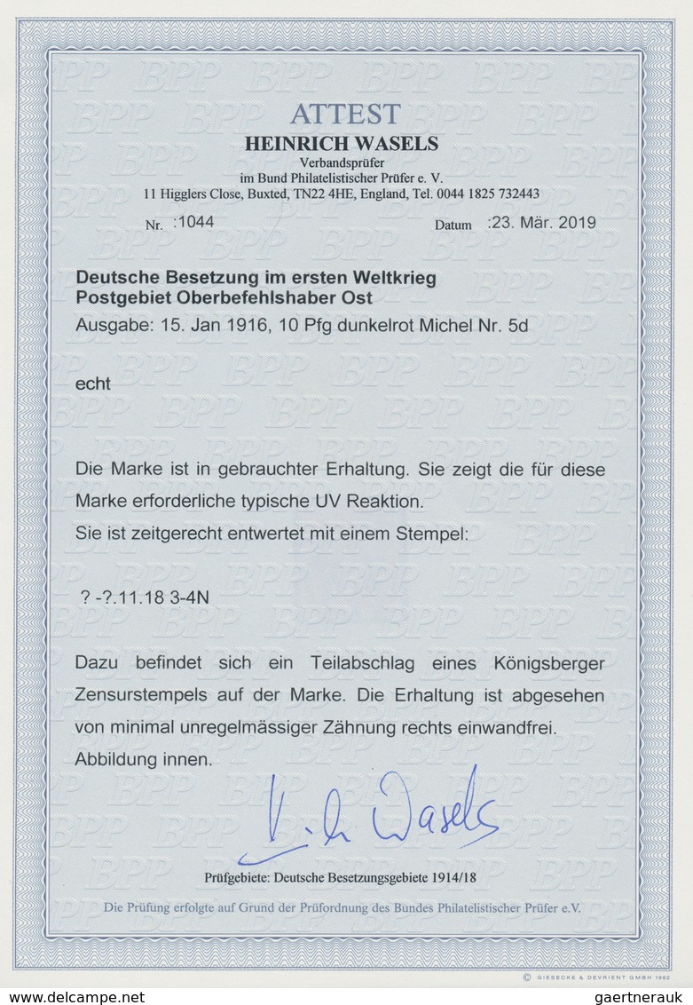 Deutsche Besetzung I. WK: Deutsche Post In Polen: 1916, 10 Pf Dunkelrot Gestempelt Plus Teil Des Kön - Occupation 1914-18