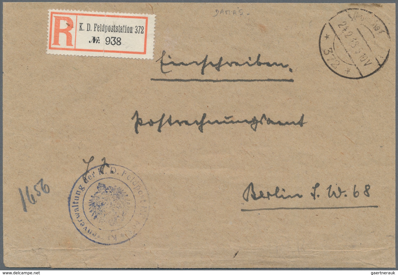 Feldpost 1. Weltkrieg: 1918,24.2., Brief Mit R-Zettel "K. D. Feldpoststation 372" Und Adler-K2 "Kass - Other & Unclassified