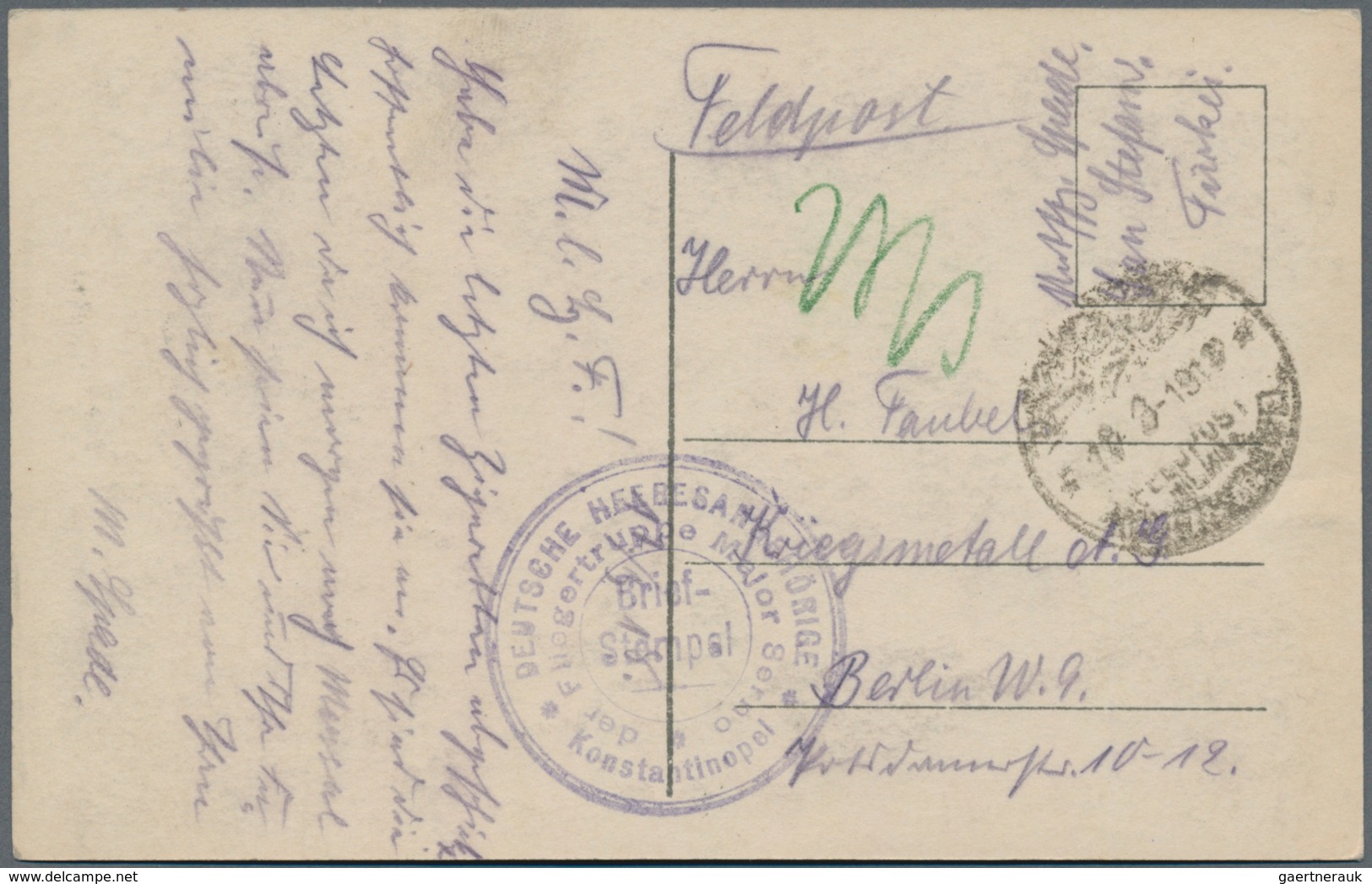 Militärmission: 1918, MIL. MISSION KONSTANTINOPEL: Feldpostkarte Mit Blauem Truppenstempel "Deutsche - Turquie (bureaux)