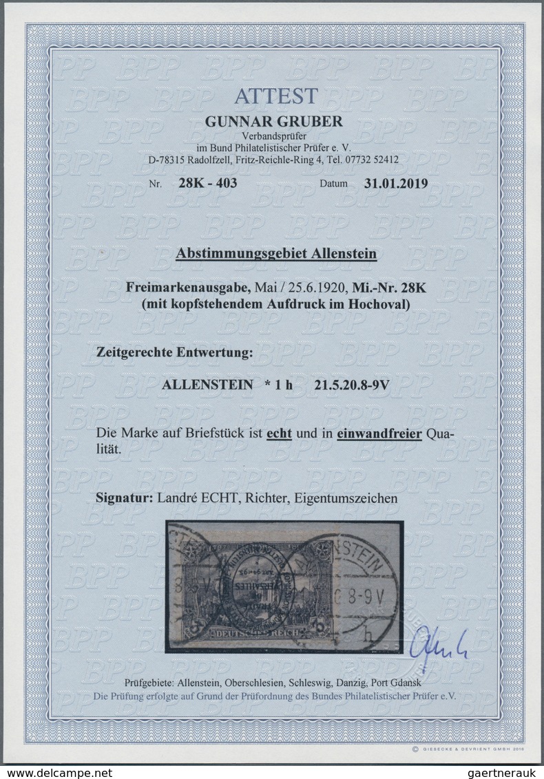 Deutsche Abstimmungsgebiete: Allenstein: 1920, 3 Mark Querformat Mit KOPFSTEHENDEM AUFDRUCK Im Hocho - Autres & Non Classés