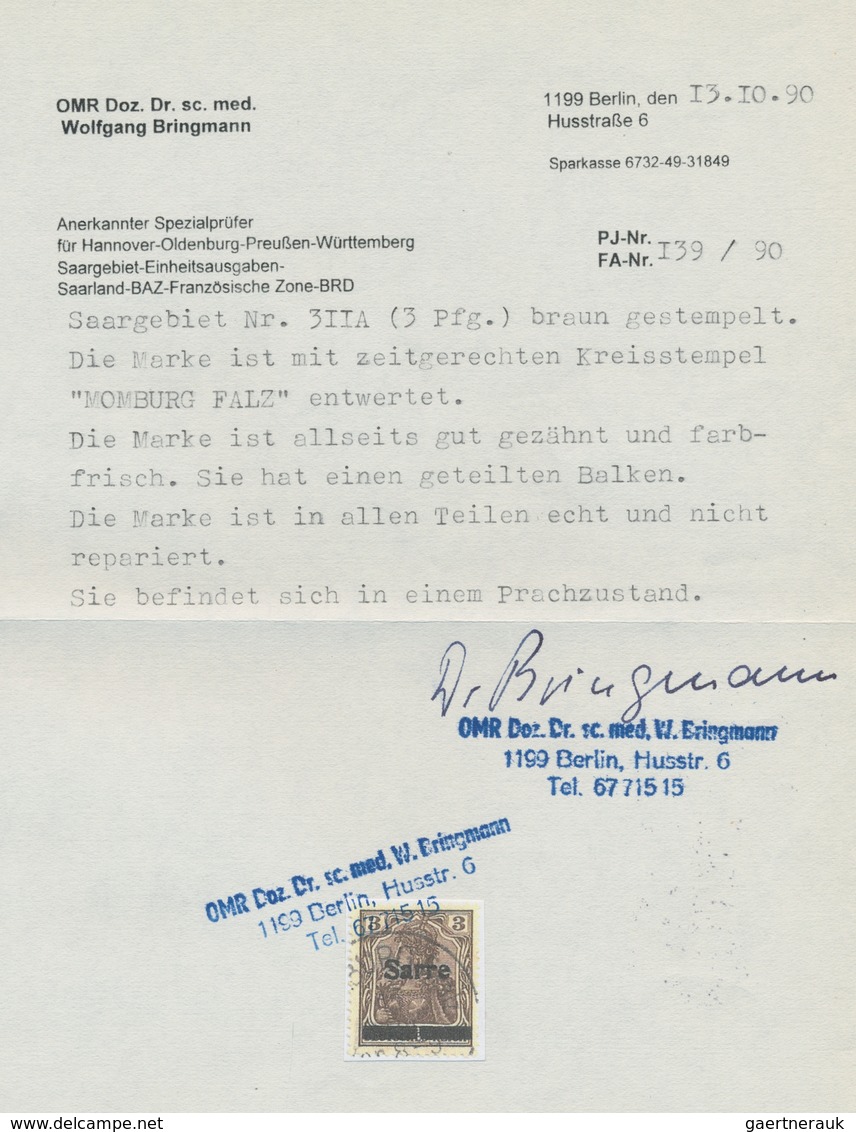 Deutsche Abstimmungsgebiete: Saargebiet: 1920, "3 Pfg. Germania/Sarre Mit Aufdruck In Type II Und Se - Lettres & Documents