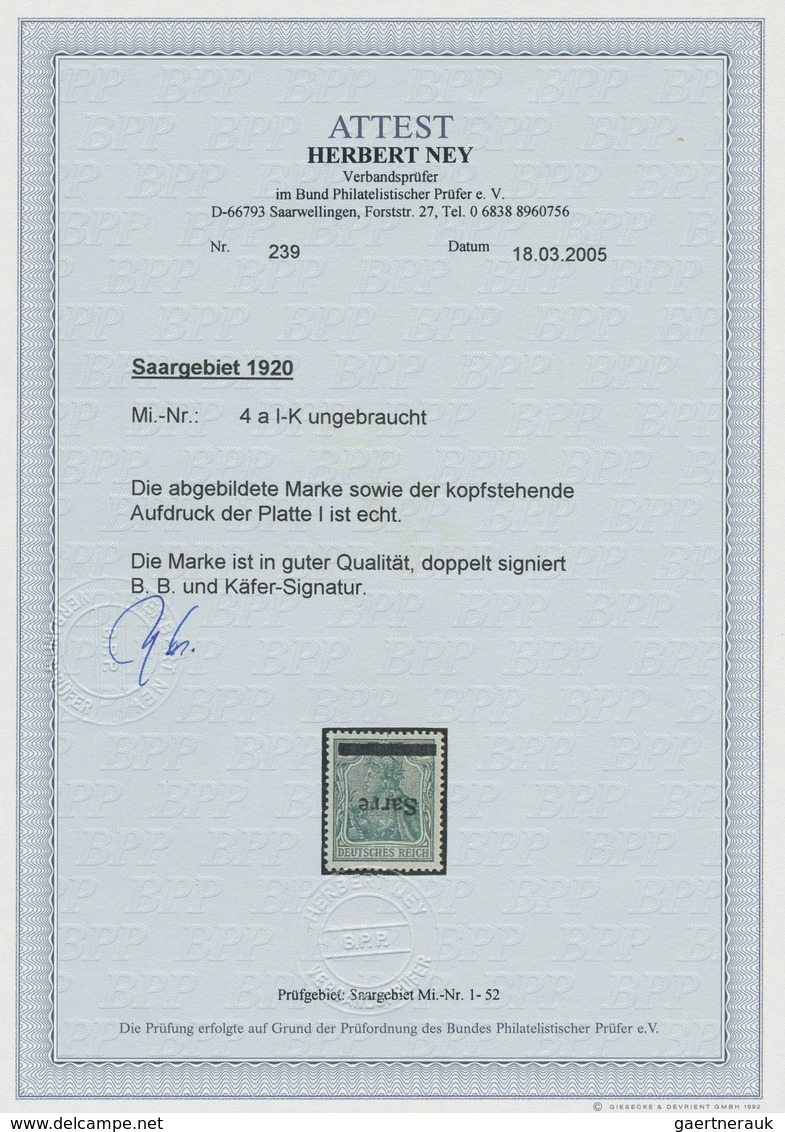 Deutsche Abstimmungsgebiete: Saargebiet: 1920, "5 Pfg. Germania/Sarre Mit Kopfstehendem Aufdruck", U - Briefe U. Dokumente