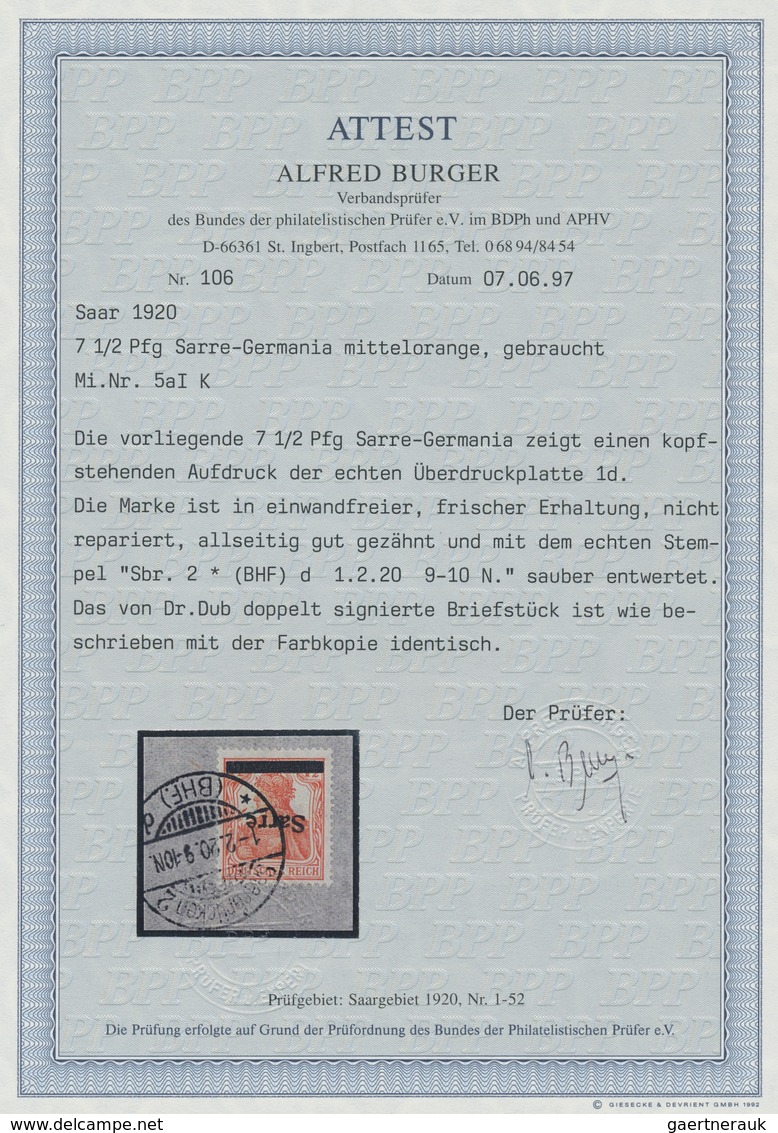 Deutsche Abstimmungsgebiete: Saargebiet: 1920, "7 ½ Pfg. Mittelorange Germania/Sarre Mit Kopfstehend - Lettres & Documents