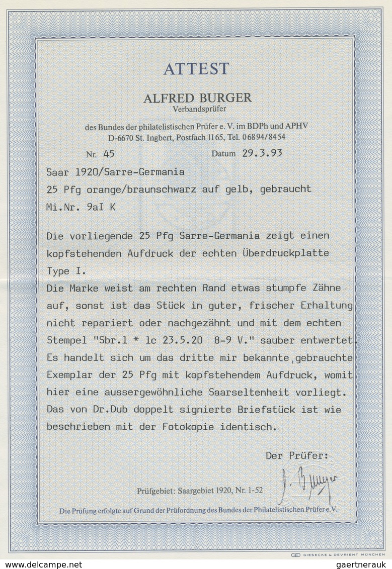 Deutsche Abstimmungsgebiete: Saargebiet: 1920, "25 Pfg. Germania/Sarre Mit Kopfstehendem Aufdruck", - Briefe U. Dokumente