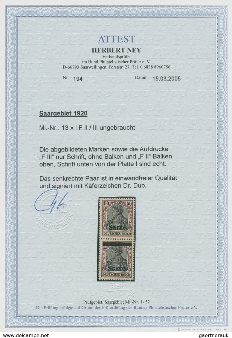 Deutsche Abstimmungsgebiete: Saargebiet: 1920, "50 Pfg. Germania/Sarre", Ungebrauchtes Senkr. Paar O - Briefe U. Dokumente