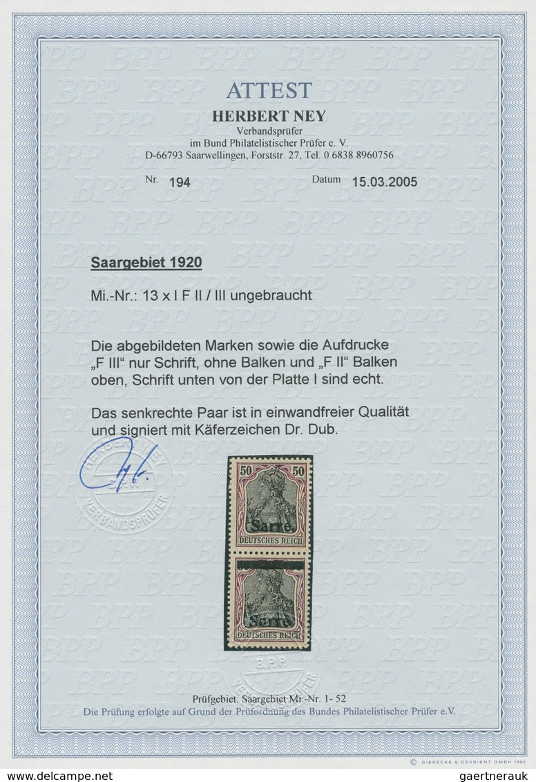 Deutsche Abstimmungsgebiete: Saargebiet: 1920, "50 Pfg. Germania/Sarre", Ungebrauchtes Senkr. Paar O - Brieven En Documenten