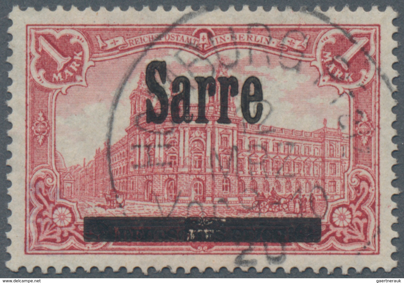 Deutsche Abstimmungsgebiete: Saargebiet: 1920, Germania-Sarre 1 Mark Karminrot, 26:17 Zähnungslöcher - Lettres & Documents