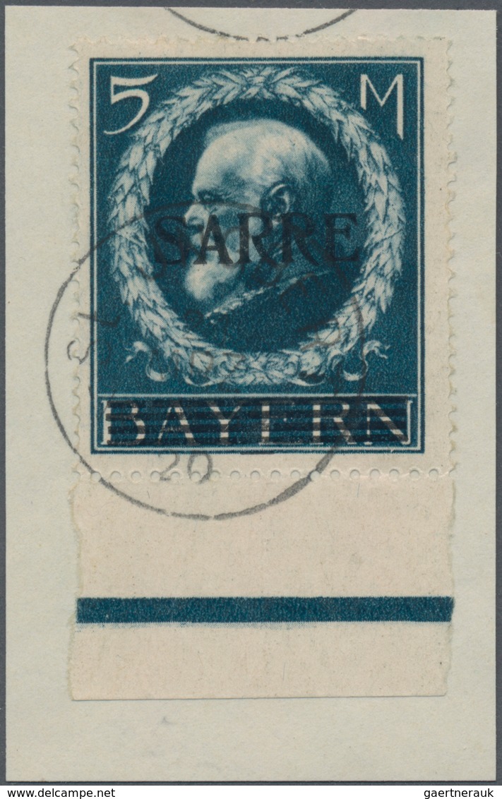 Deutsche Abstimmungsgebiete: Saargebiet: 1920, Bayern-Sarre 5 Mk. Blau Vom Unterrand (Feld 18) Auf B - Lettres & Documents