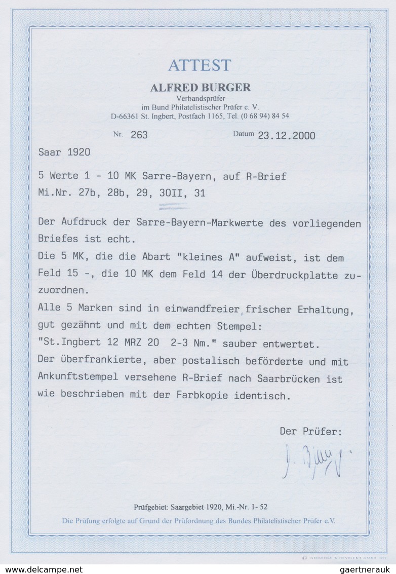 Deutsche Abstimmungsgebiete: Saargebiet: 1920, 5 Mark Blau, Sarre-Bayern Mit AUFDRUCK-ABART: „Kleine - Lettres & Documents