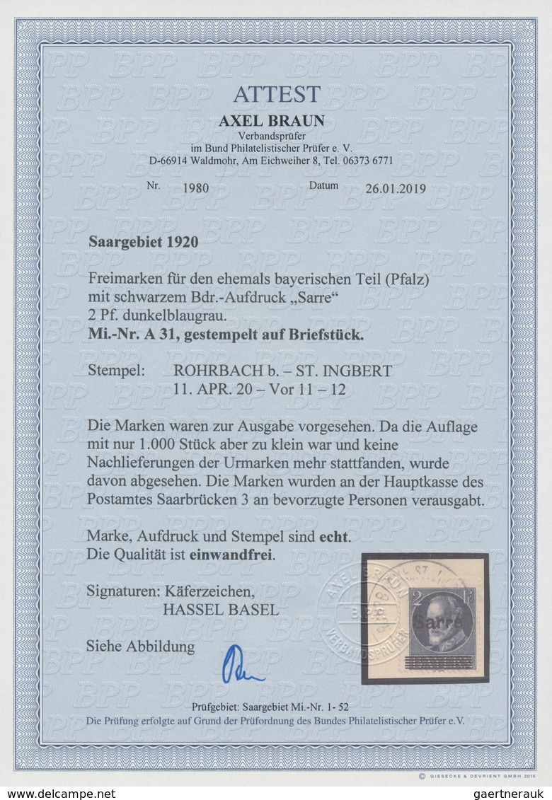 Deutsche Abstimmungsgebiete: Saargebiet: 1920, Bayern-Sarre 2 Pfg. Dunkelblaugrau Auf Briefstück Sau - Covers & Documents