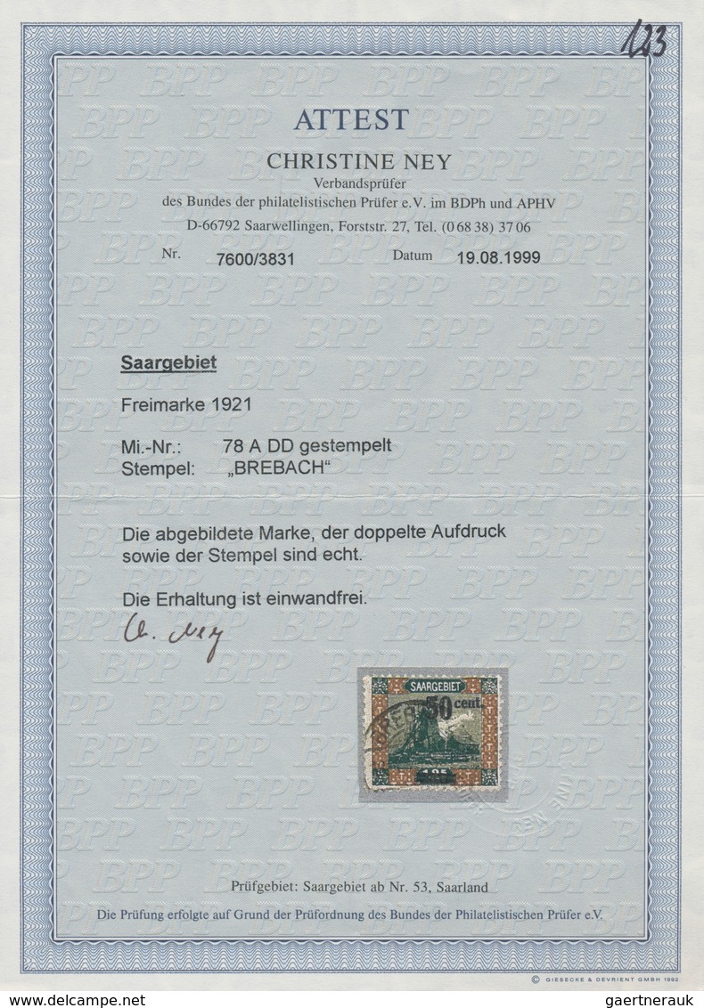 Deutsche Abstimmungsgebiete: Saargebiet: 1921 50 C. A. 1,25 Mk. Mit Doppel-Aufdruck. Sauber Gestempe - Lettres & Documents