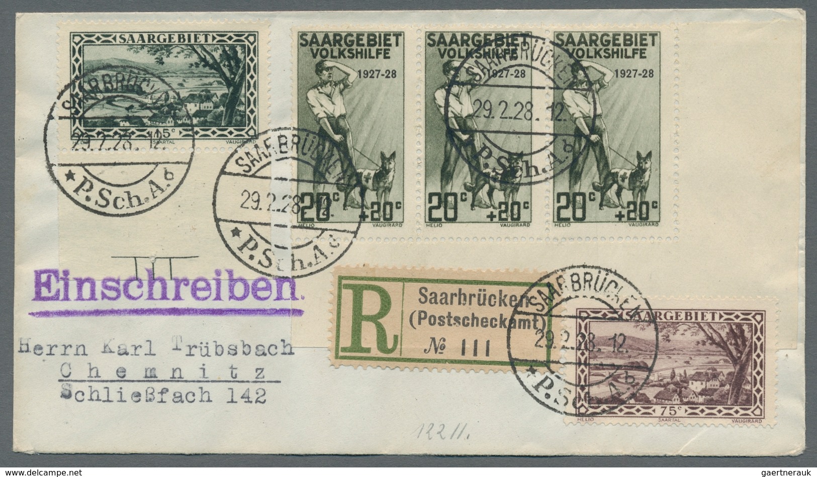 Deutsche Abstimmungsgebiete: Saargebiet: 1927, "20 + 20 C. Volkshilfe" Im Eckrand-Dreierstreifen Mit - Covers & Documents