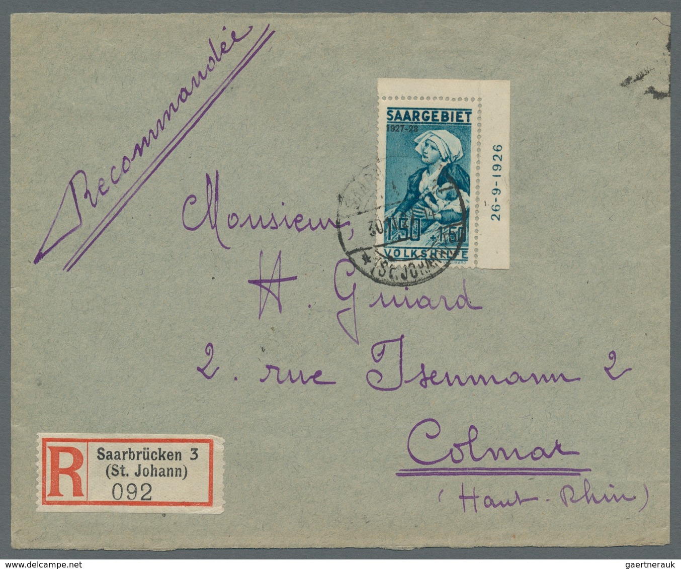 Deutsche Abstimmungsgebiete: Saargebiet: 1927, "1,50 + 1,50 Fr. Volkshilfe Mit Druckdatum", Beschnit - Lettres & Documents