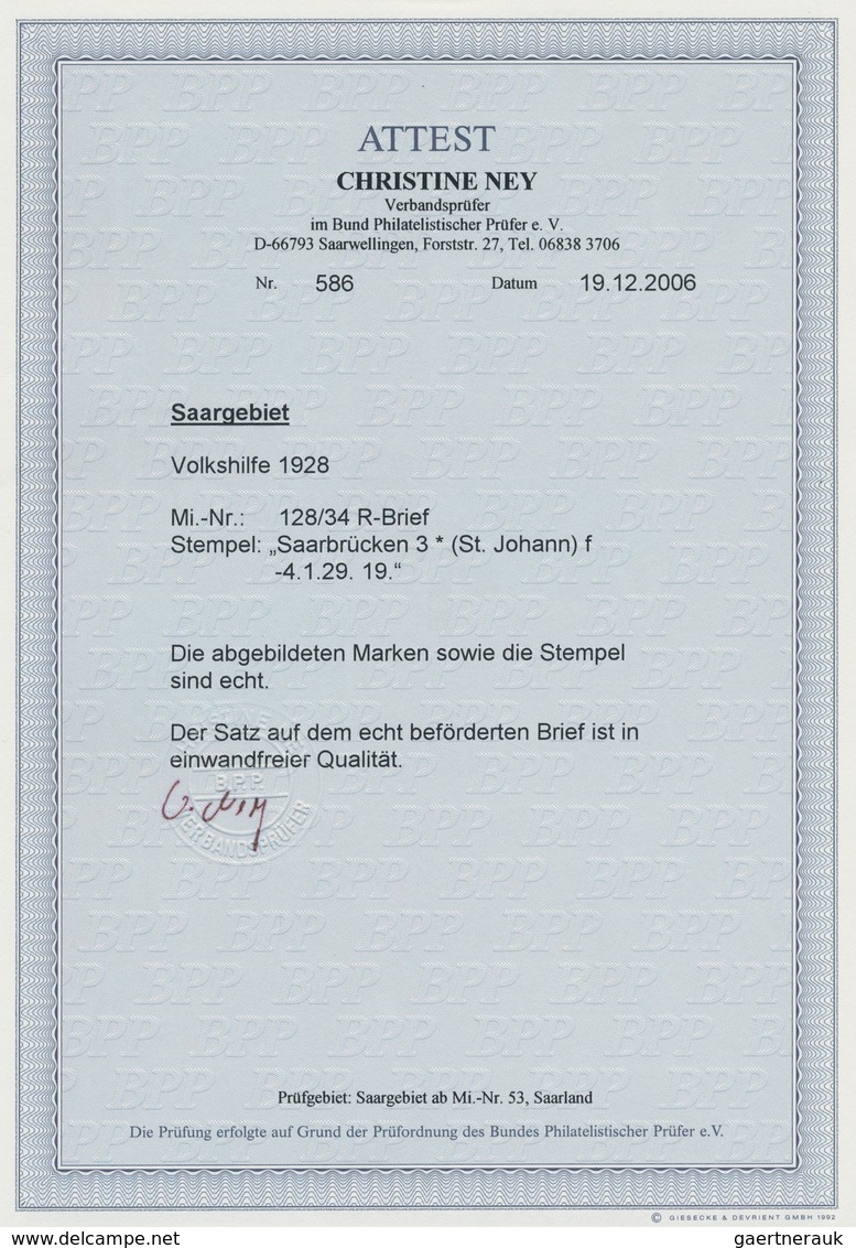 Deutsche Abstimmungsgebiete: Saargebiet: 1928, "Volkshilfe", Komplett Auf Satz-R-Brief "Saarbrücken - Covers & Documents