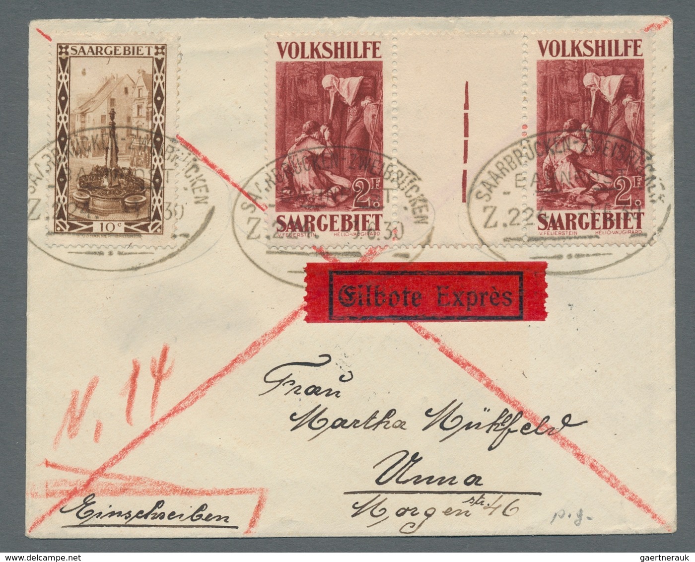 Deutsche Abstimmungsgebiete: Saargebiet: 1929, "2 Fr. Volkshilfe Im Zwischenstegpaar" Mit Zusatzfran - Covers & Documents