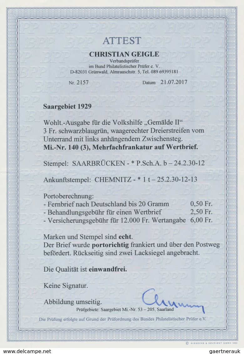 Deutsche Abstimmungsgebiete: Saargebiet: 1929, Nothilfe 3 Fr Schwarzblaugrün Im Dreierstreifen Aus D - Briefe U. Dokumente