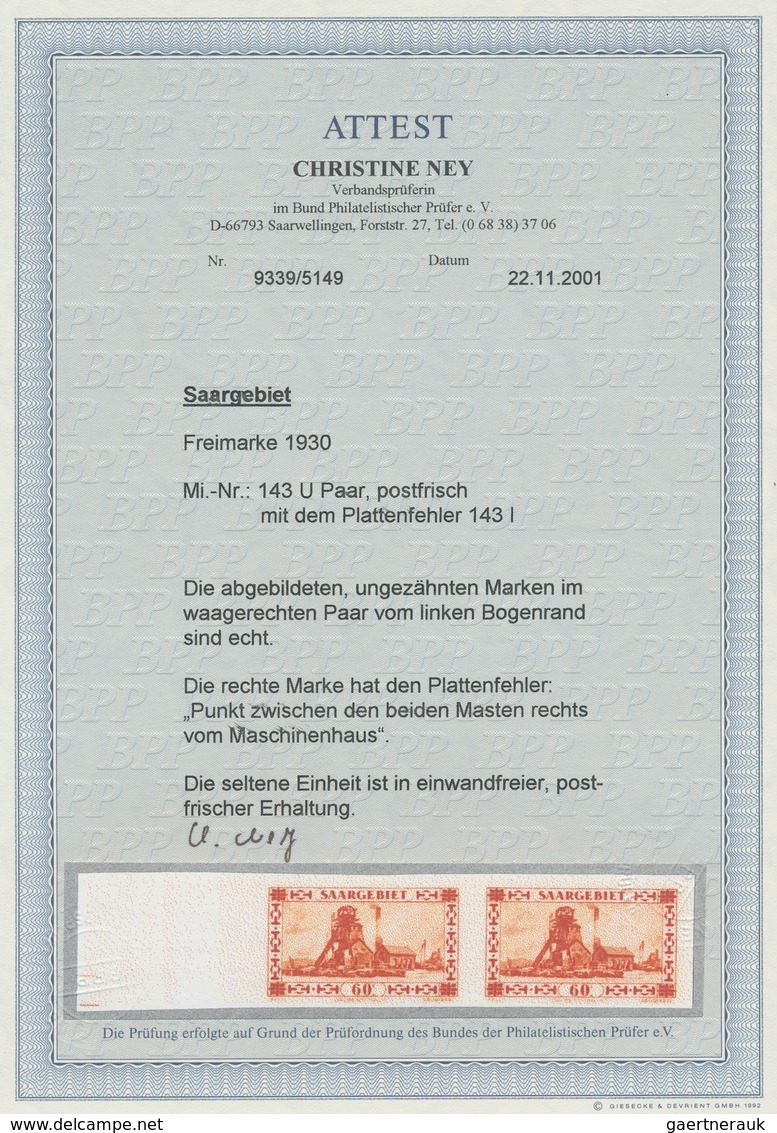 Deutsche Abstimmungsgebiete: Saargebiet: 1930, "60 C. Dunkelgelblichrot Ungezähnt", Postfrisches Ran - Lettres & Documents