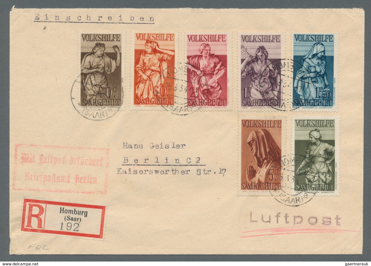 Deutsche Abstimmungsgebiete: Saargebiet: 1934, "Volkshilfe" Komplett Mit Ersttagsstempel HOMBURG * ( - Lettres & Documents