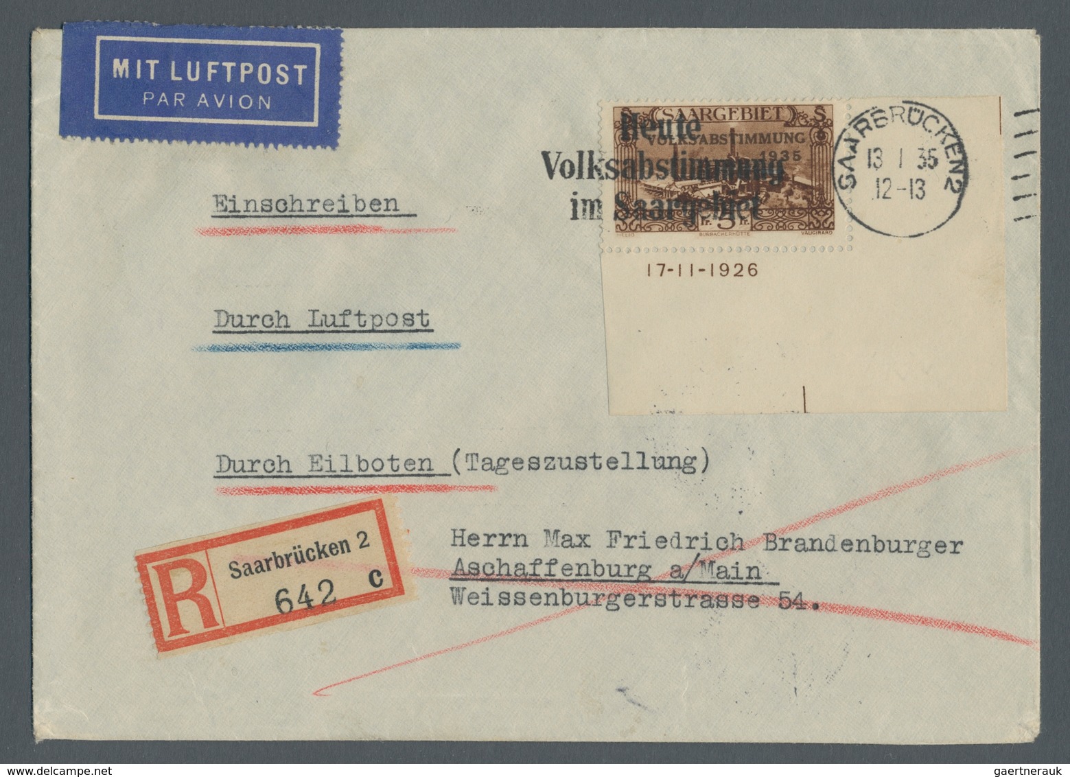 Deutsche Abstimmungsgebiete: Saargebiet: 1934, "5 Fr. Volksabstimmung" Als Eckrandwert Mit Druckdatu - Lettres & Documents