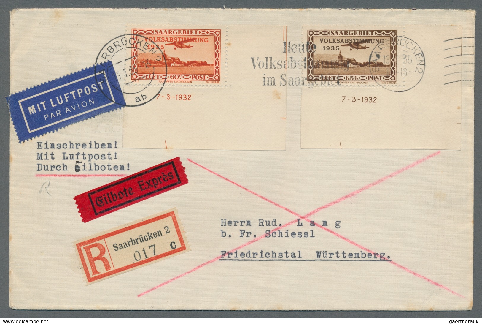 Deutsche Abstimmungsgebiete: Saargebiet: 1934, "Flugpost/Volksabstimmung", Komplett Auf Zwei Flugbri - Briefe U. Dokumente