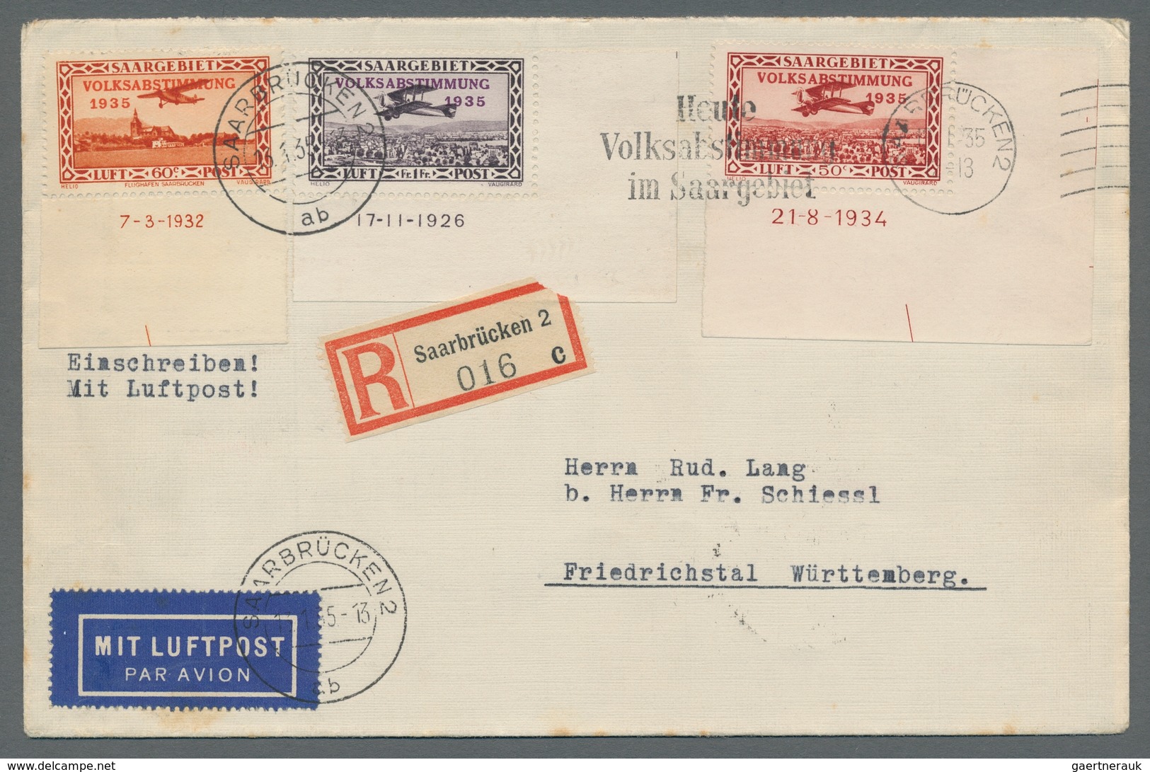 Deutsche Abstimmungsgebiete: Saargebiet: 1934, "Flugpost/Volksabstimmung", Komplett Auf Zwei Flugbri - Covers & Documents