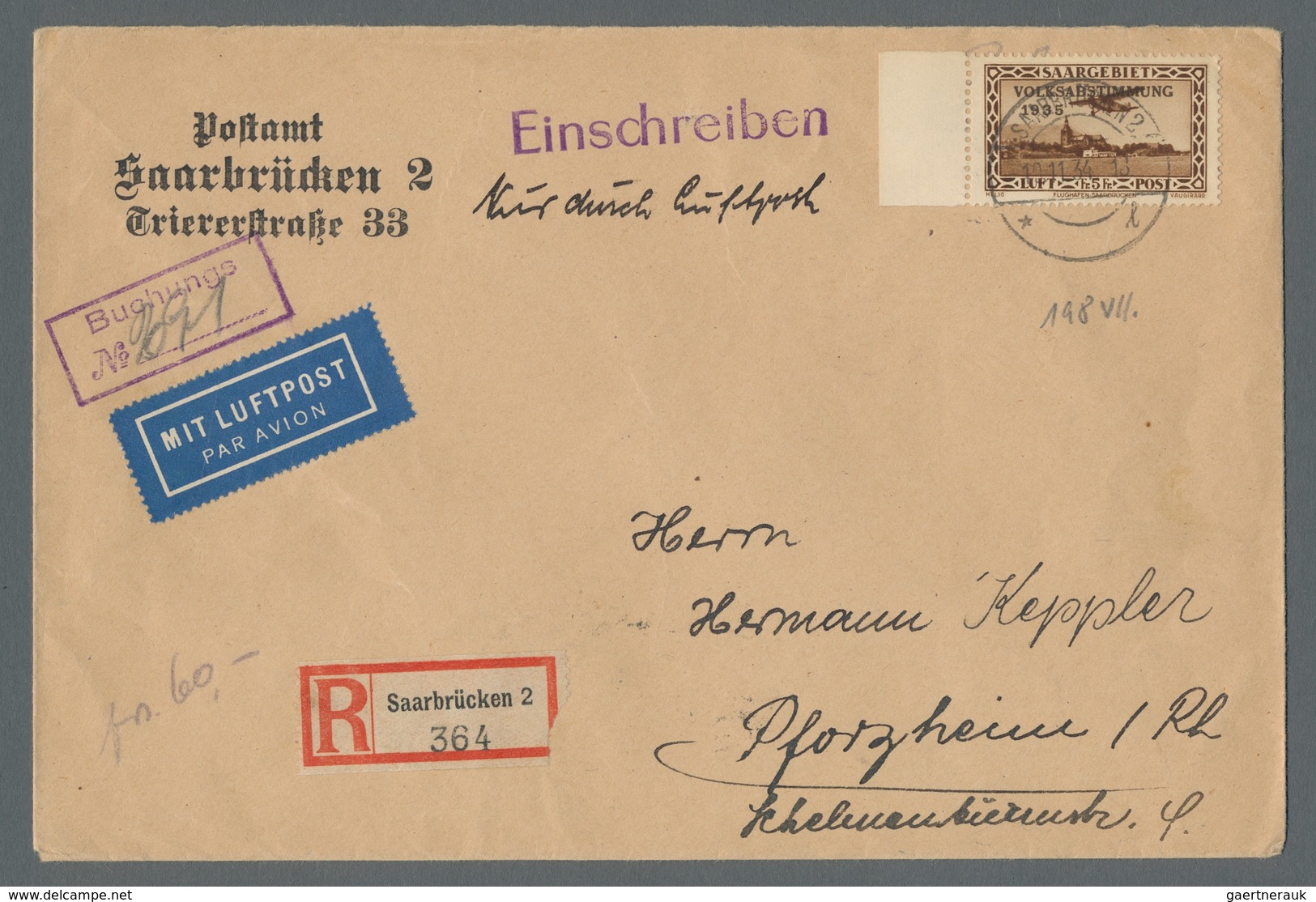 Deutsche Abstimmungsgebiete: Saargebiet: 1934, "5 Fr. Flugpost/Volksabstimmung Mit PLF VII Auf Flug- - Lettres & Documents