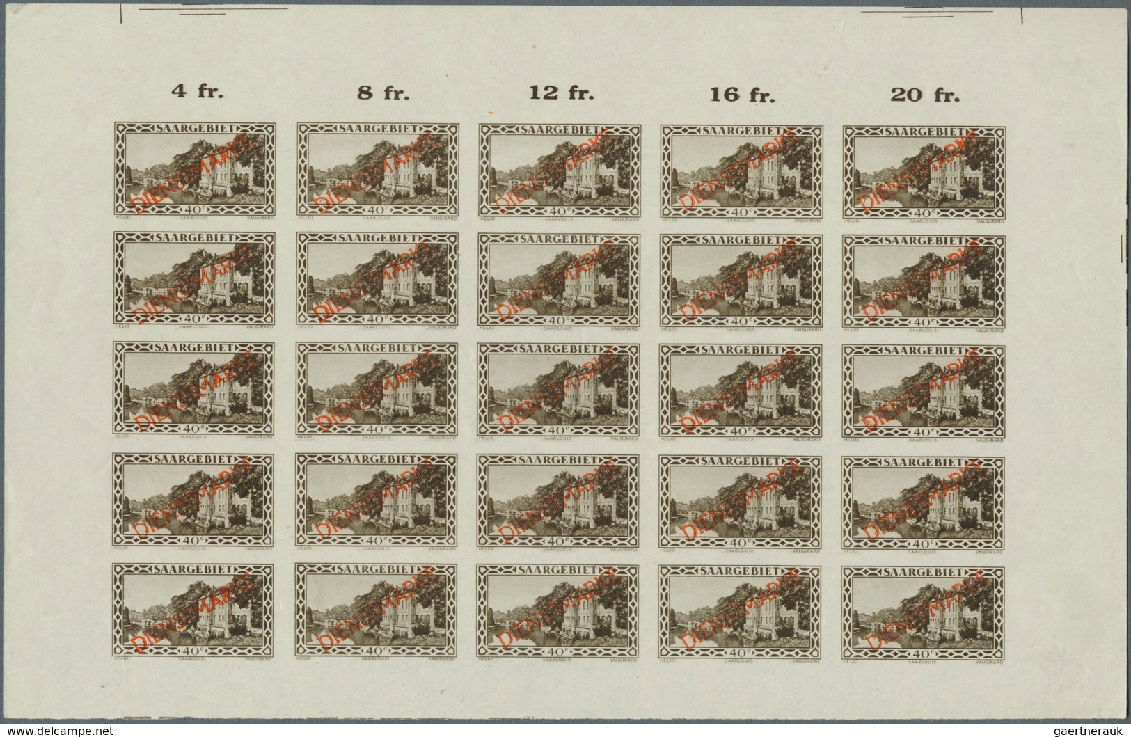 Deutsche Abstimmungsgebiete: Saargebiet - Dienstmarken: 1927. UNGEZÄHNTER 25er-Teilbogen Mit 40c Bra - Service