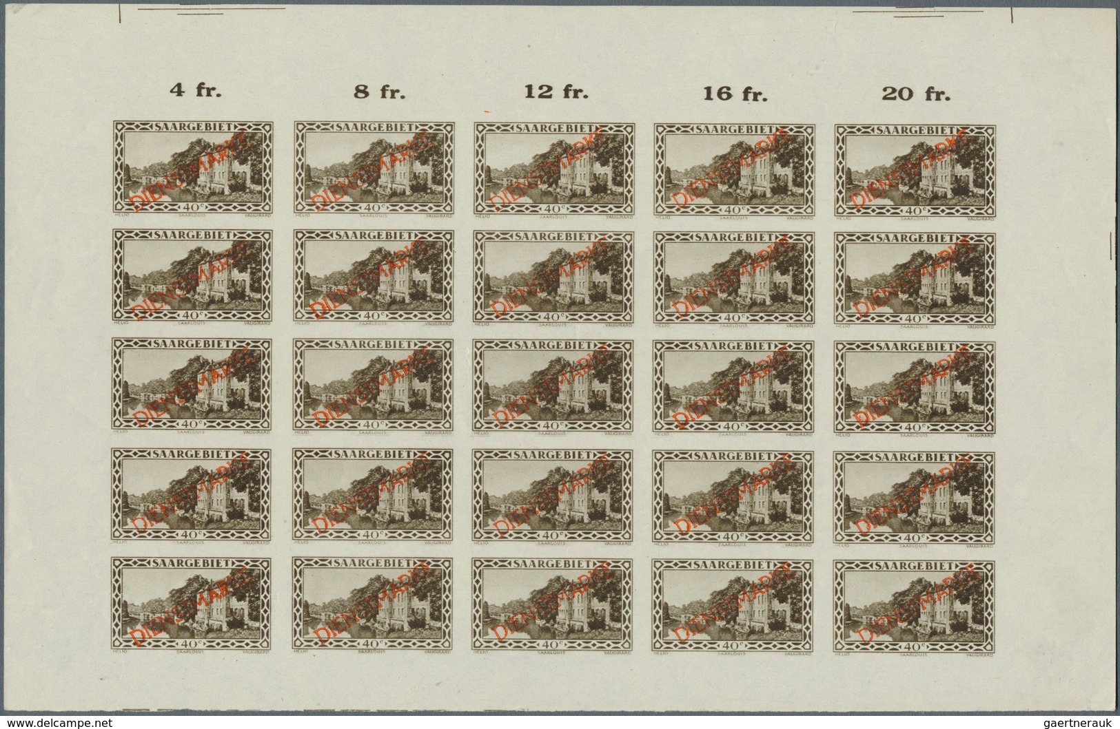 Deutsche Abstimmungsgebiete: Saargebiet - Dienstmarken: 1927. UNGEZÄHNTER 25er-Teilbogen Mit 40c Bra - Dienstzegels