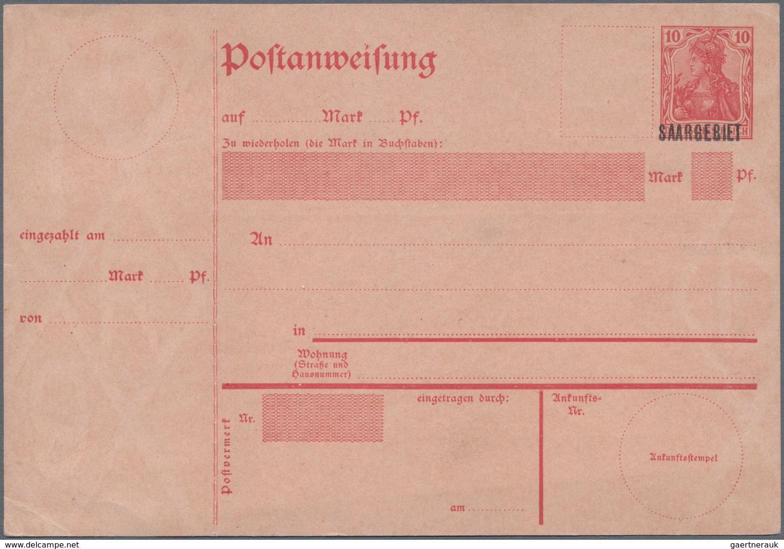 Deutsche Abstimmungsgebiete: Saargebiet - Ganzsachen: 1920/21, Postanweisung Germania 10 Pf Rot Mit - Ganzsachen