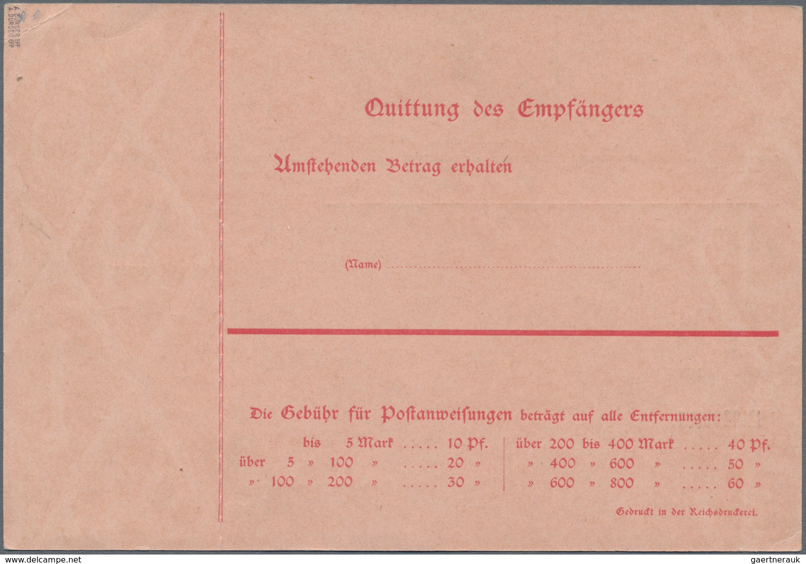 Deutsche Abstimmungsgebiete: Saargebiet - Ganzsachen: 1920/21, Postanweisung Germania 10 Pf Rot Mit - Interi Postali