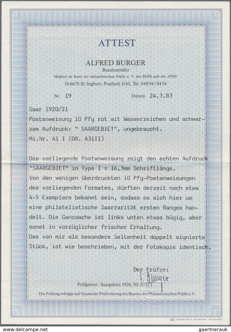 Deutsche Abstimmungsgebiete: Saargebiet - Ganzsachen: 1920/21, Postanweisung Germania 10 Pf Rot Mit - Ganzsachen