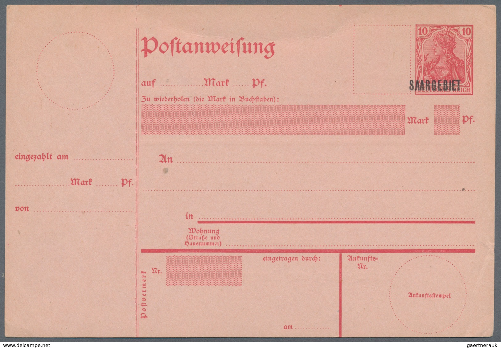 Deutsche Abstimmungsgebiete: Saargebiet - Ganzsachen: 1920, 10 Pfg. Postanweisungs-Ganzsache Mit Auf - Ganzsachen