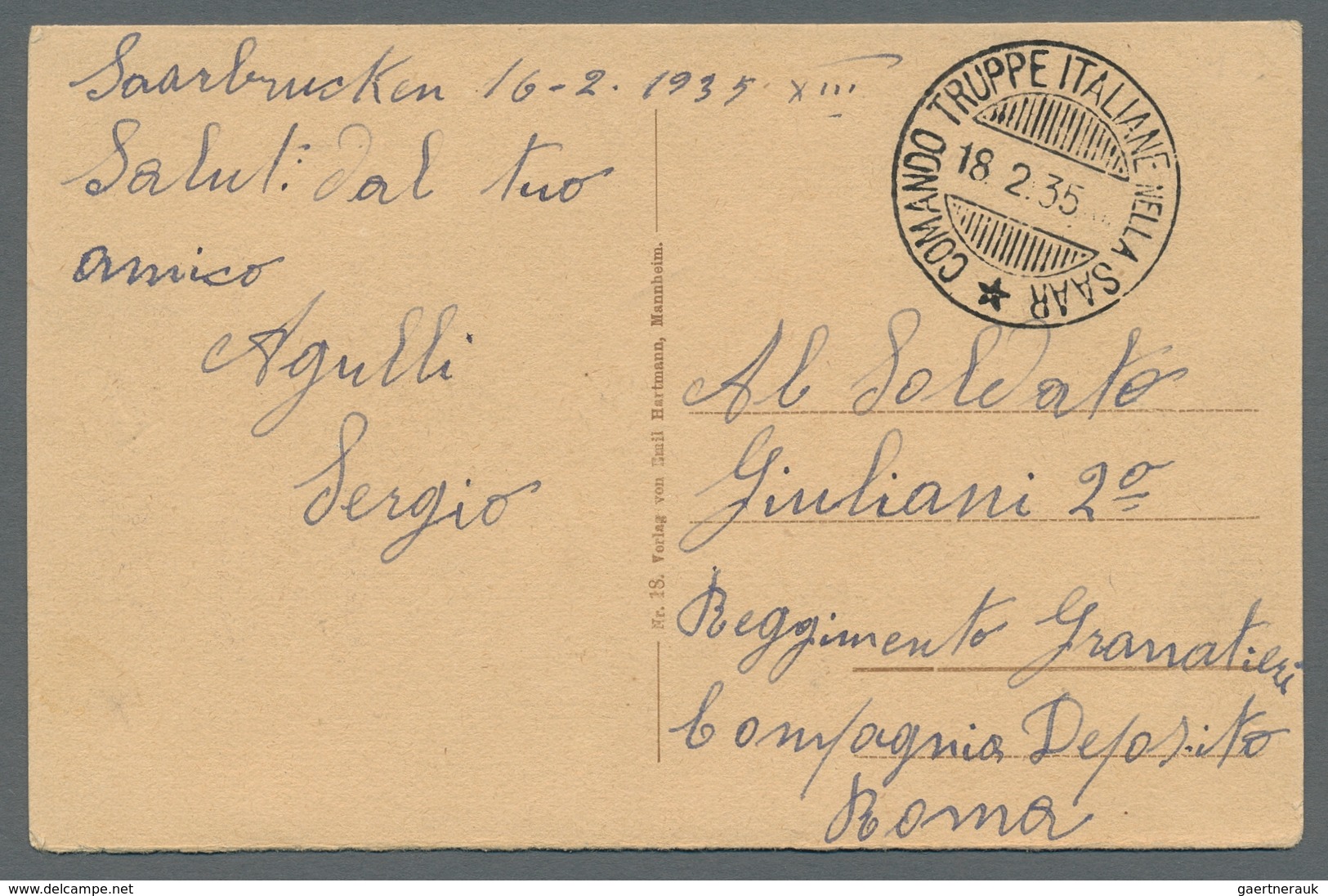 Deutsche Abstimmungsgebiete: Saargebiet - Feldpost: 1935, ITAL. FELDPOST, Unfrankierte S/w-AK Saarge - Cartas & Documentos